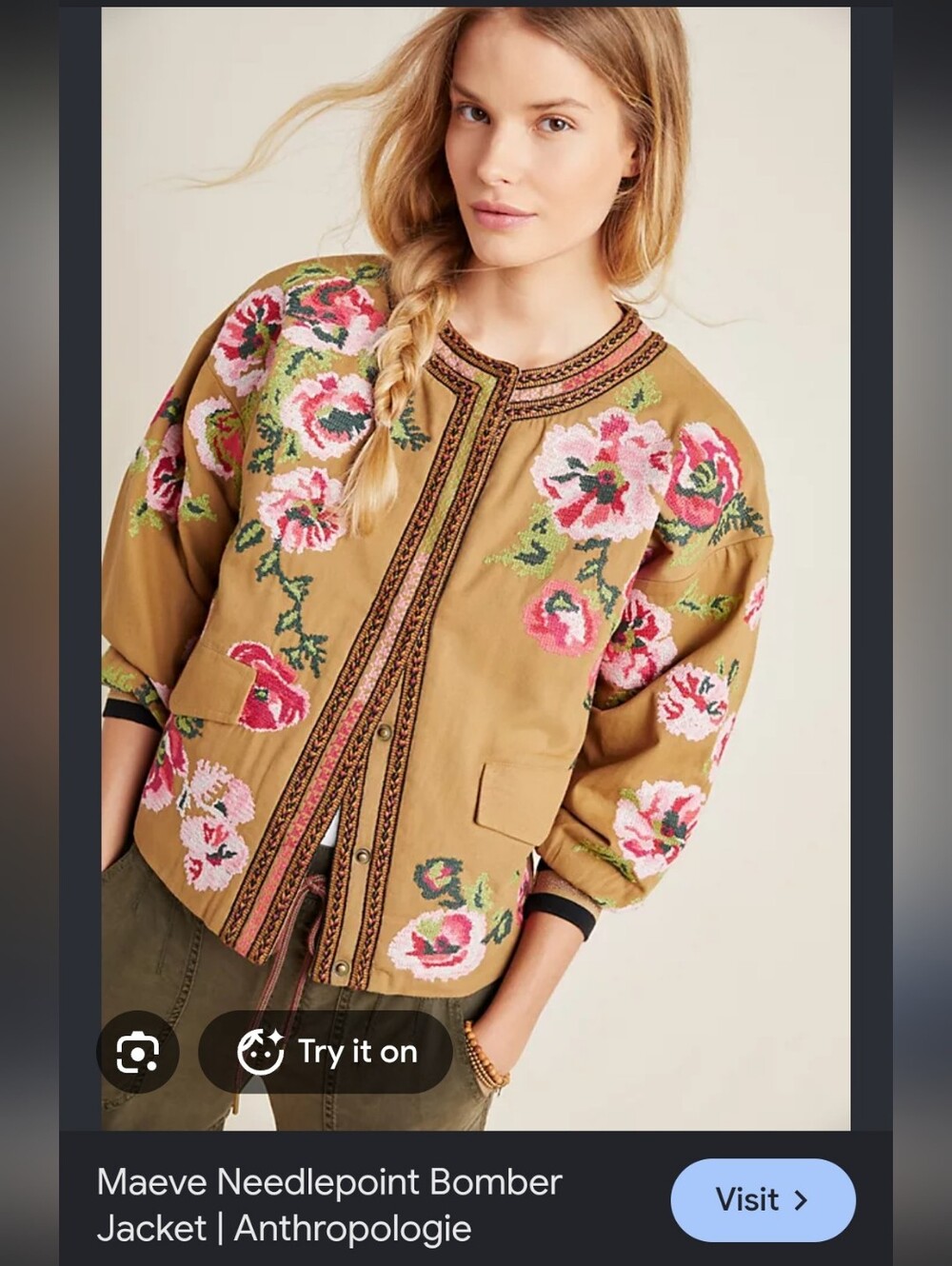 Anthropologie Maeve Needlepoint Bomber Jacket Women Size M Boxy Relaxed Artsy
